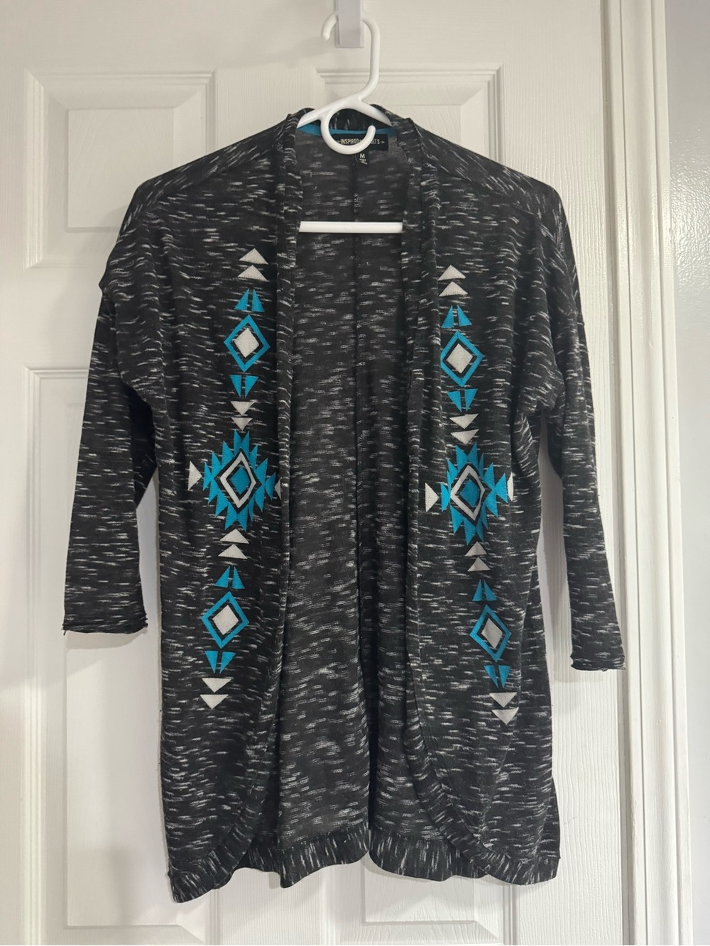 Inspired Hearts Black Heathered Cardigan with Turquoise and White Aztec Trim